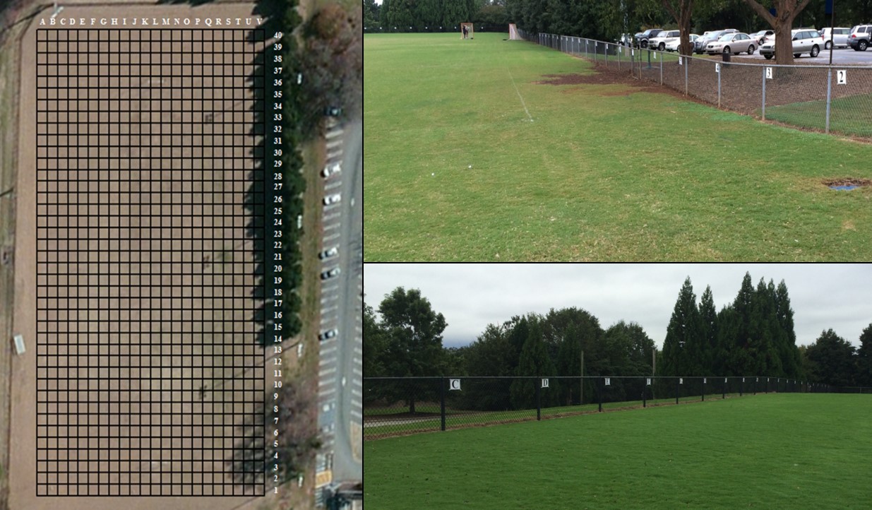 grid system of sports field shown from above and from ground level
