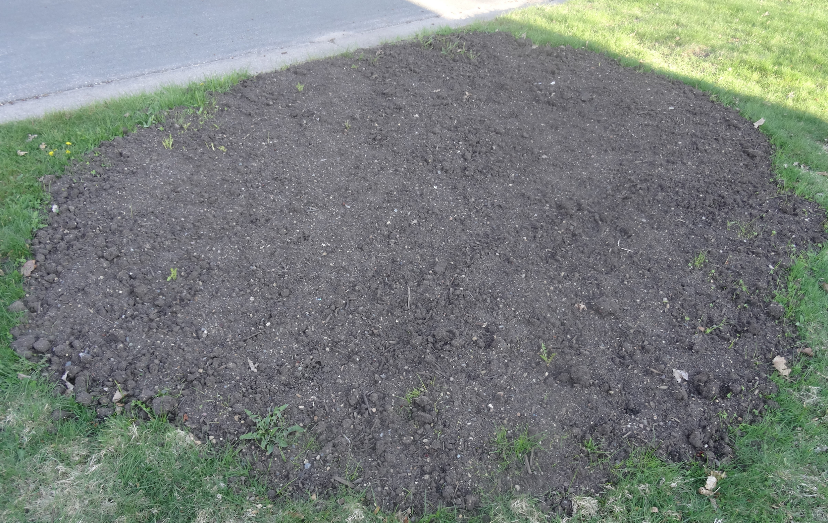 a patch of bare soil next to a residential street