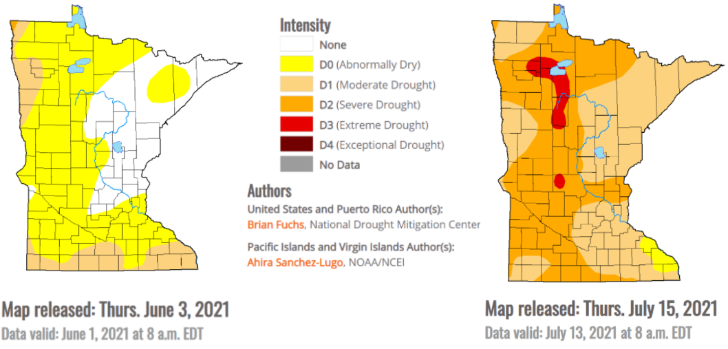 two maps of Minnesota with drought conditions