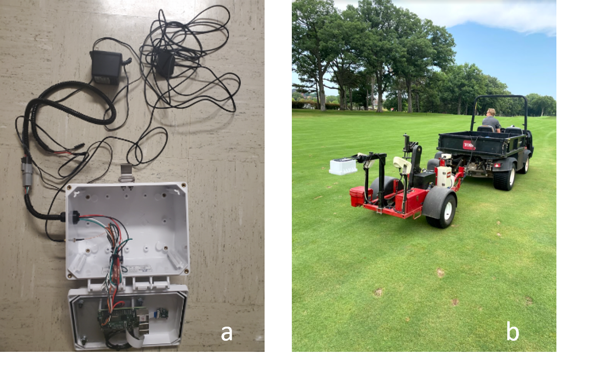 Raspberry Pi in box with wires connecting to GPS and a golf cart with a trailer on a golf course