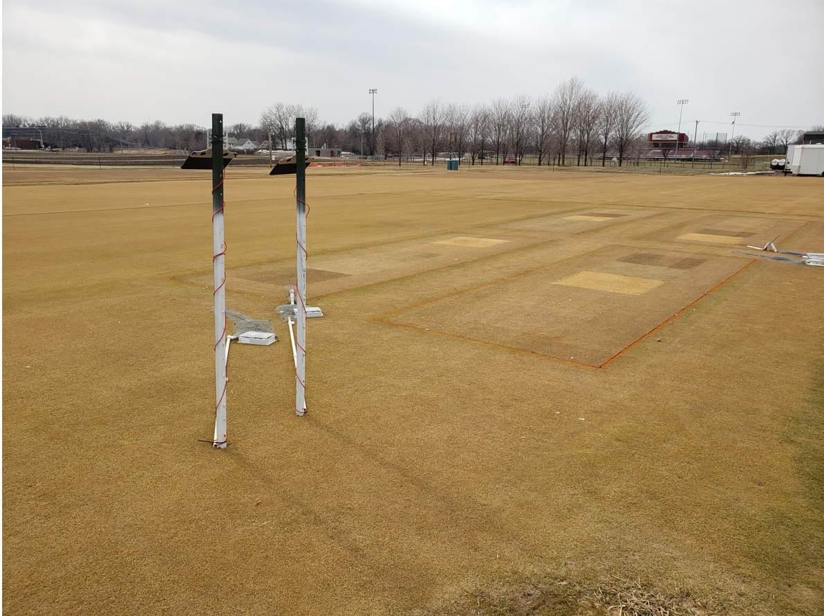 Turfgrass research plots in early spring before they have greened up