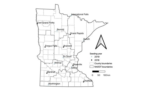 a map of Minnesota with research site locations denoted