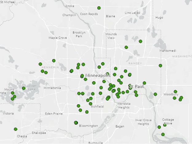 Map of the 80 Twin Cities Metropolitan Area properties participating in our Long-Term Ecological Research lawn assessments.