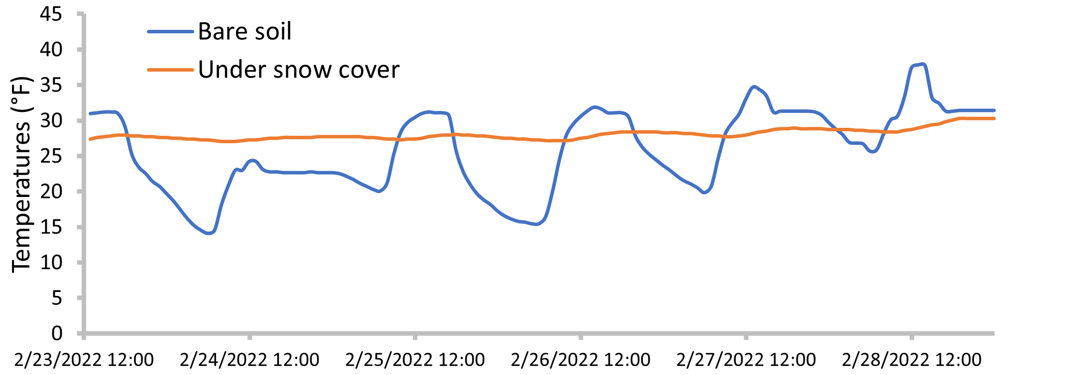 Graph of soil temperatures observed under snow cover or under bare soil in February 2022