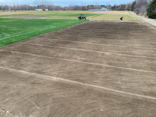 Research plots with bare soil prior to planting turfgrass seed