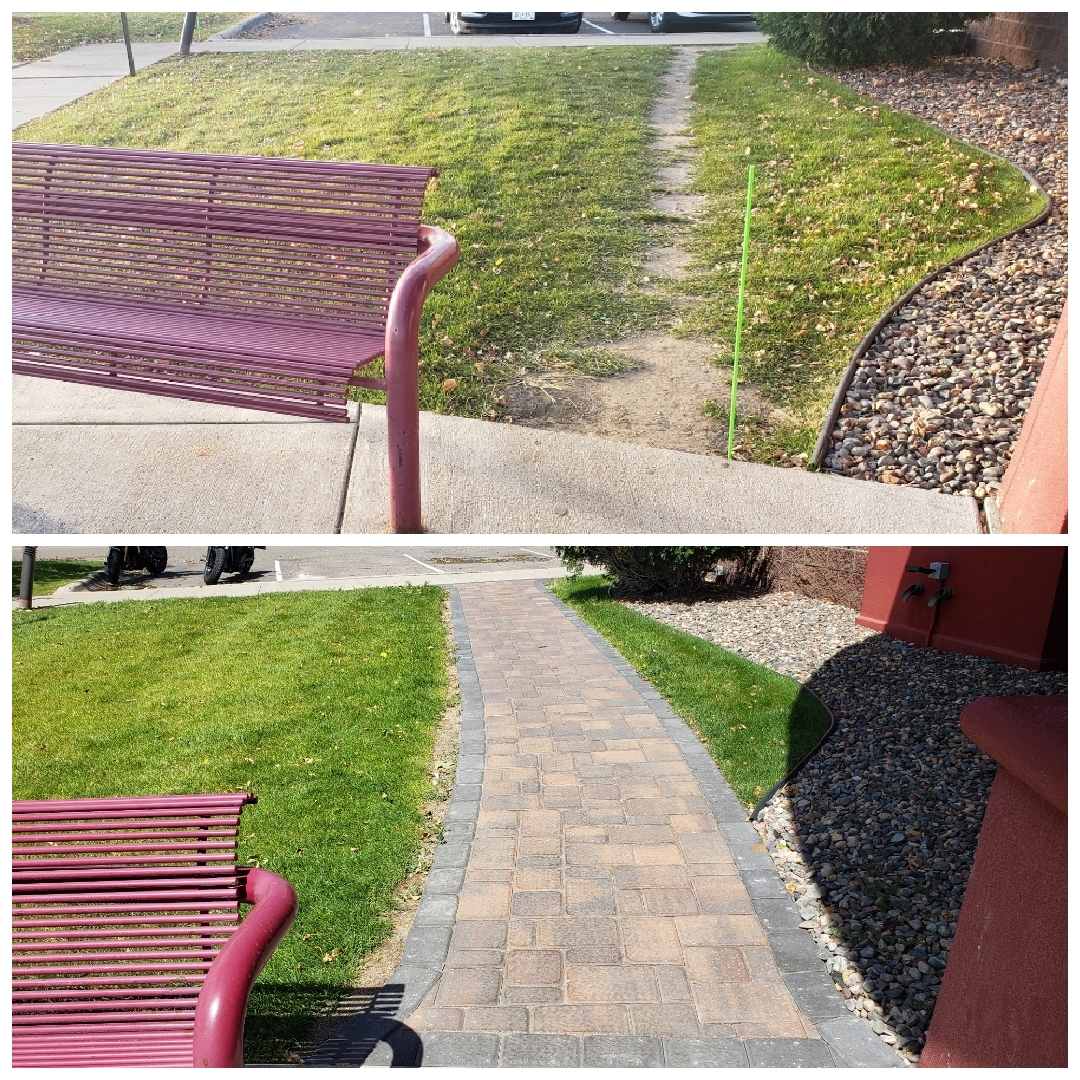a before and after picture of an area of turfgrass behind a red metal bench. The before picture has a worn foot path in the grass, while the after picture has a new paver pathway that has replaces the worn footpath.