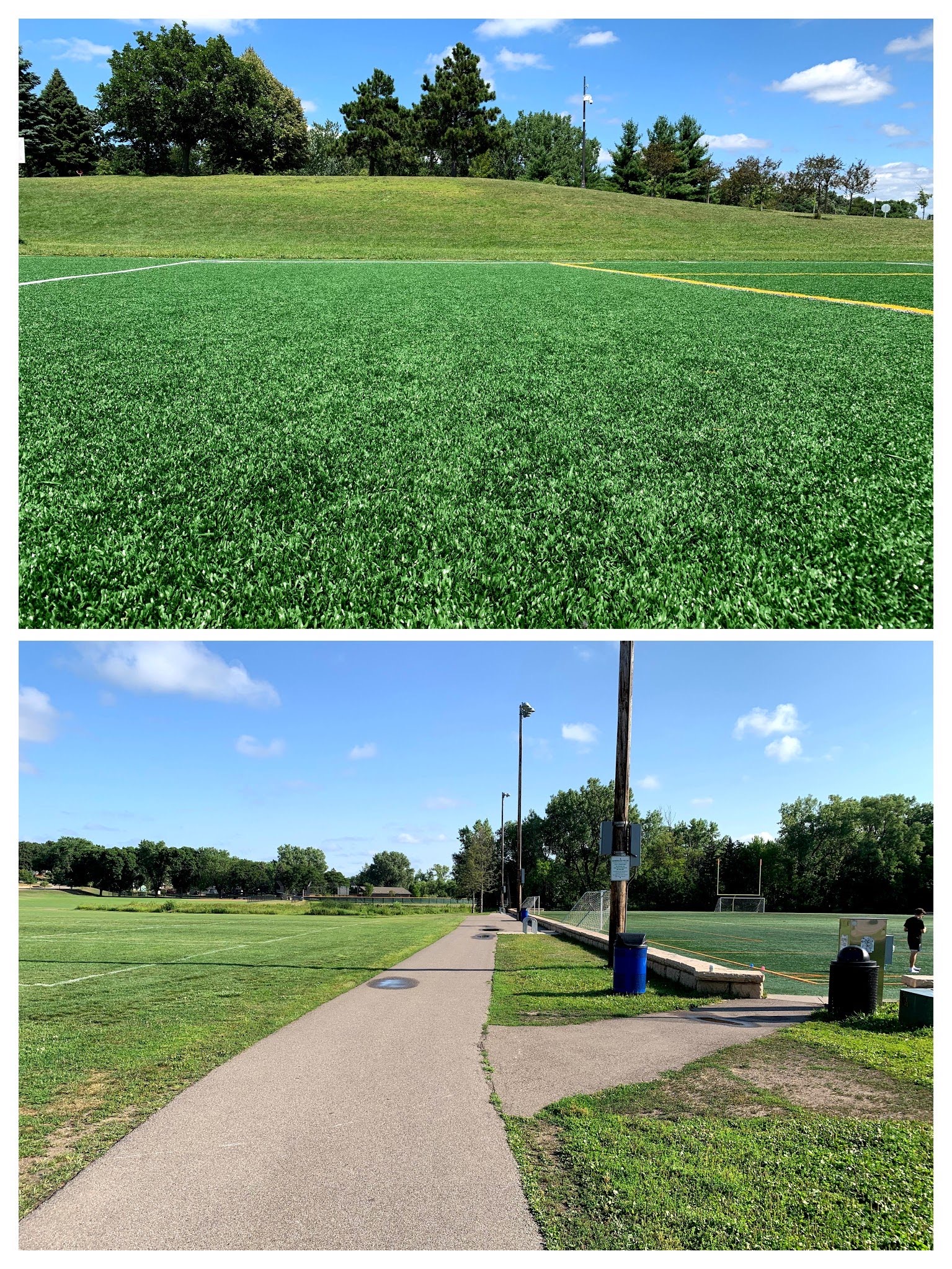 Two panel image. Top: synthetic athletic turf surface. Bottom: Pathway with natural turf on the left and artificial turf on the right. 
