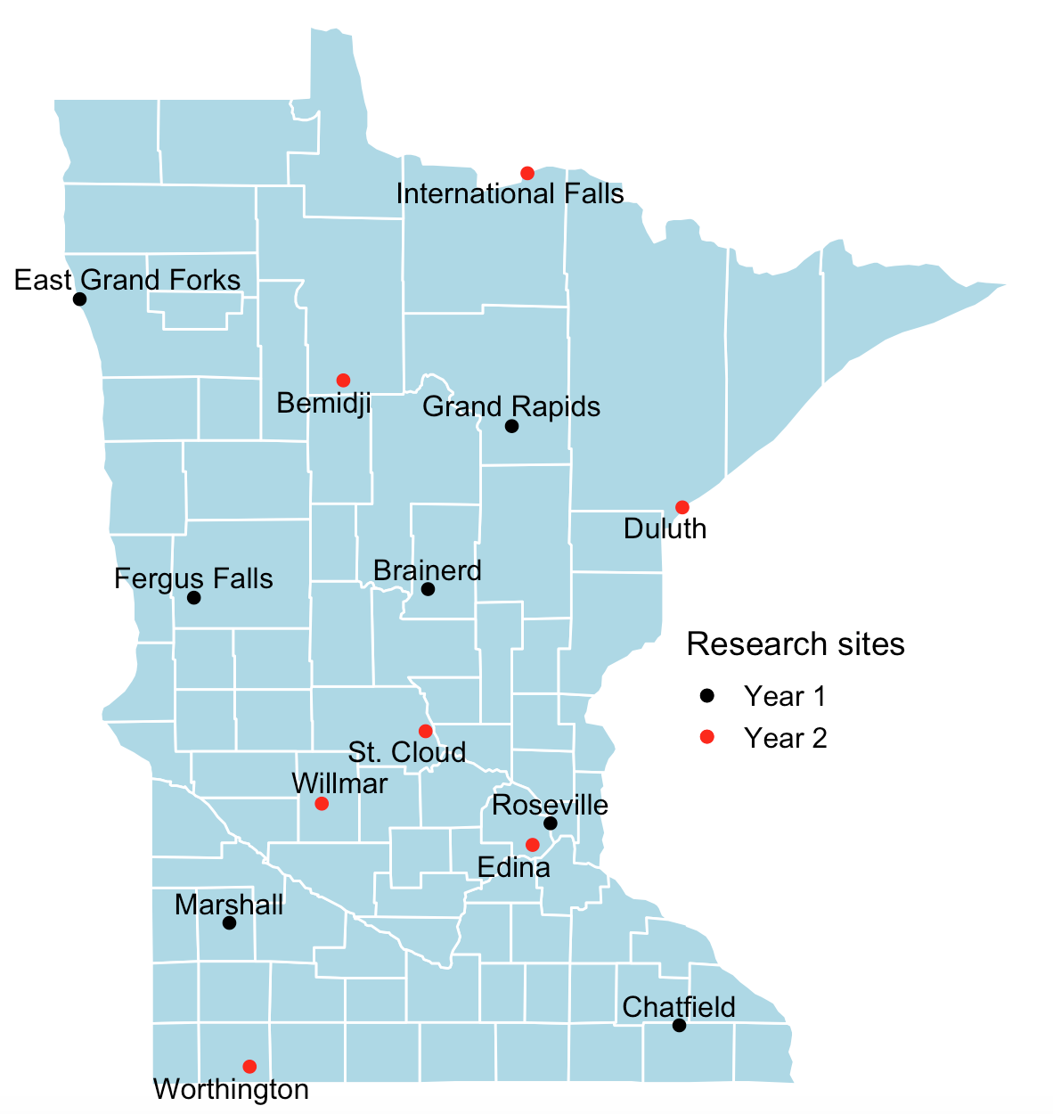 Map of the state of Minnesota marked with the locations of 14 research sites