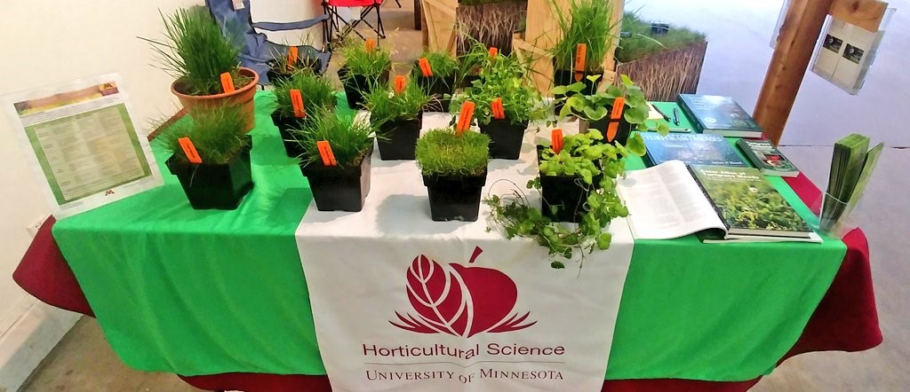 State Fair display with turfgrass and weed examples in pots on a table