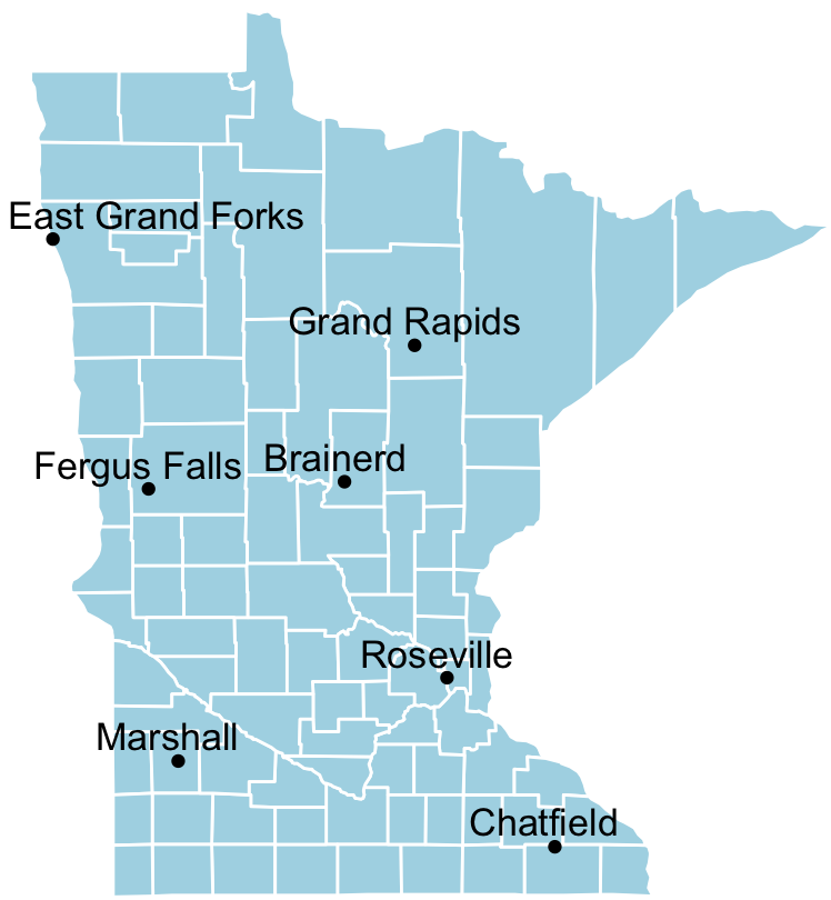 Map of Minnesota counties indicating the seven research sites of this project