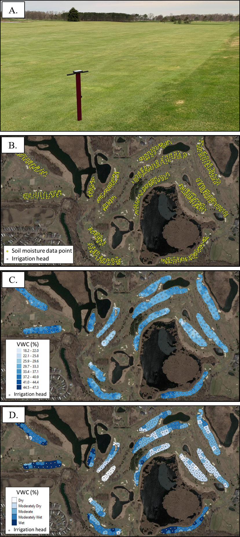 Four images. The top shows a fairway with a soil moisture meter, the remaining three are maps showing a golf course fairways.