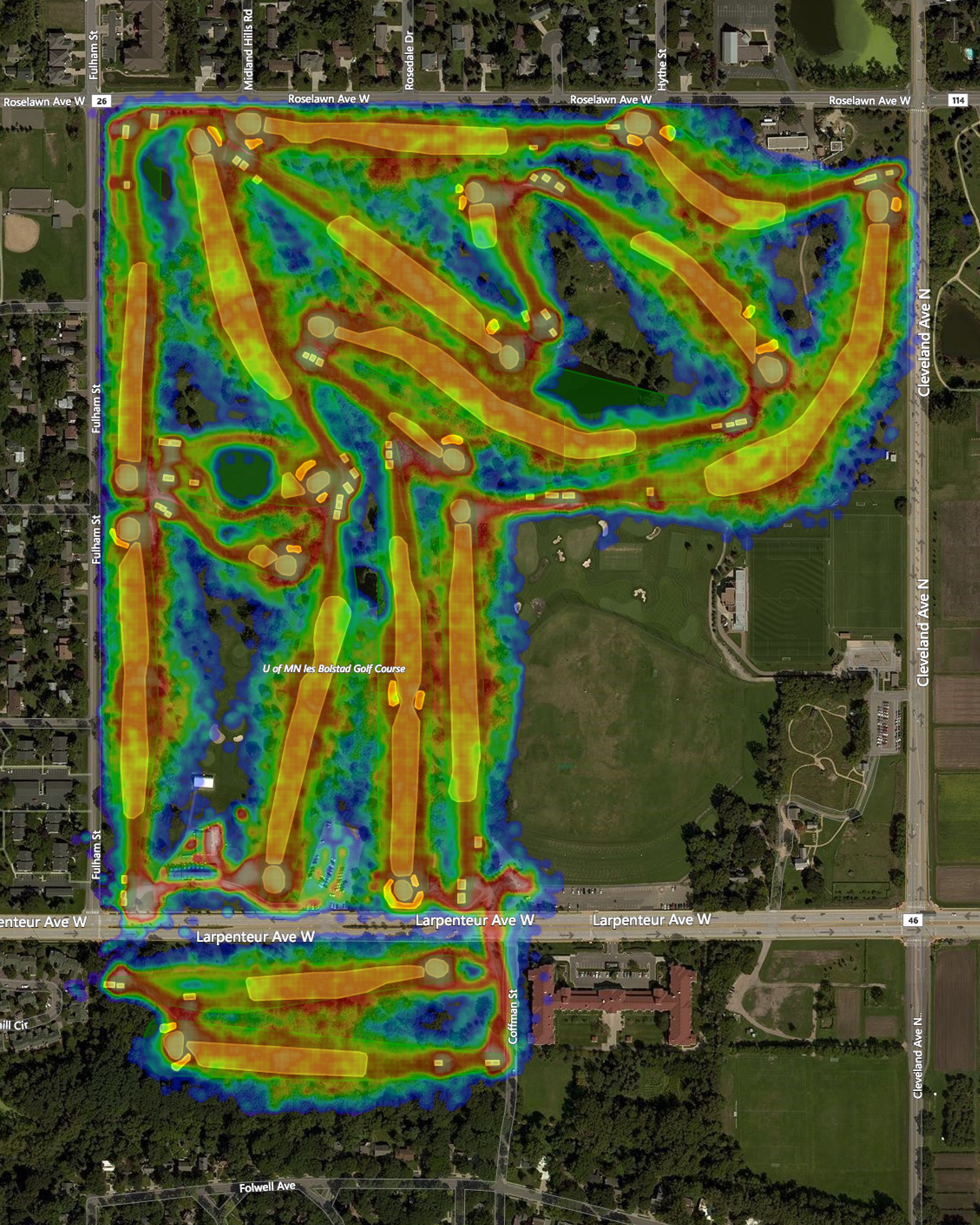 aerial view of Les Bolstad golf course with heat map overlay