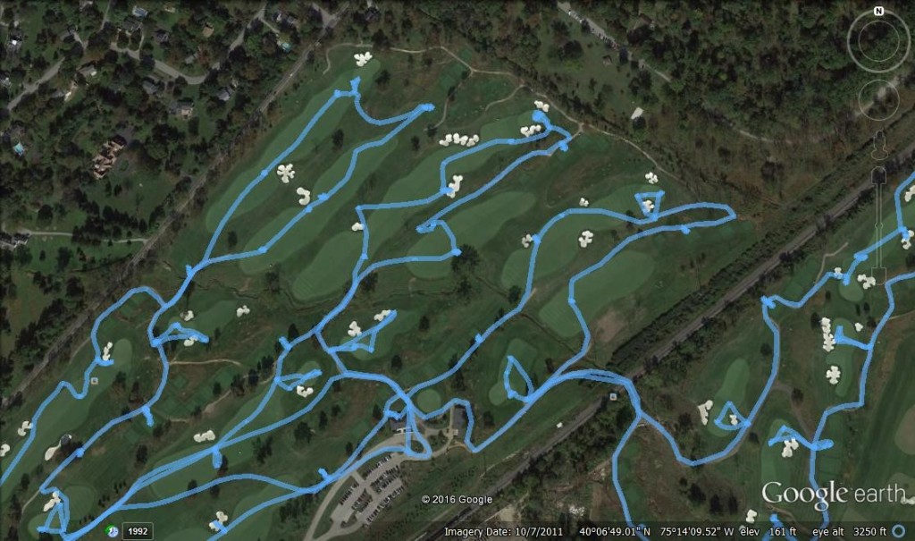 A visual representation of the data, or an individual golfer’s “track”, resulting from using a GPS logger for a round of golf. (Image courtesy of Google Earth)